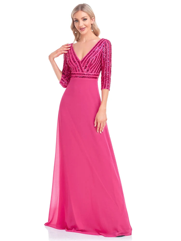 Lucyinlove Elegantes Langarmkleid mit Pailletten und V-Ausschnitt, rosa Abendkleid, Hochzeitsfeier, Abschlussballkleider für Frauen 2024