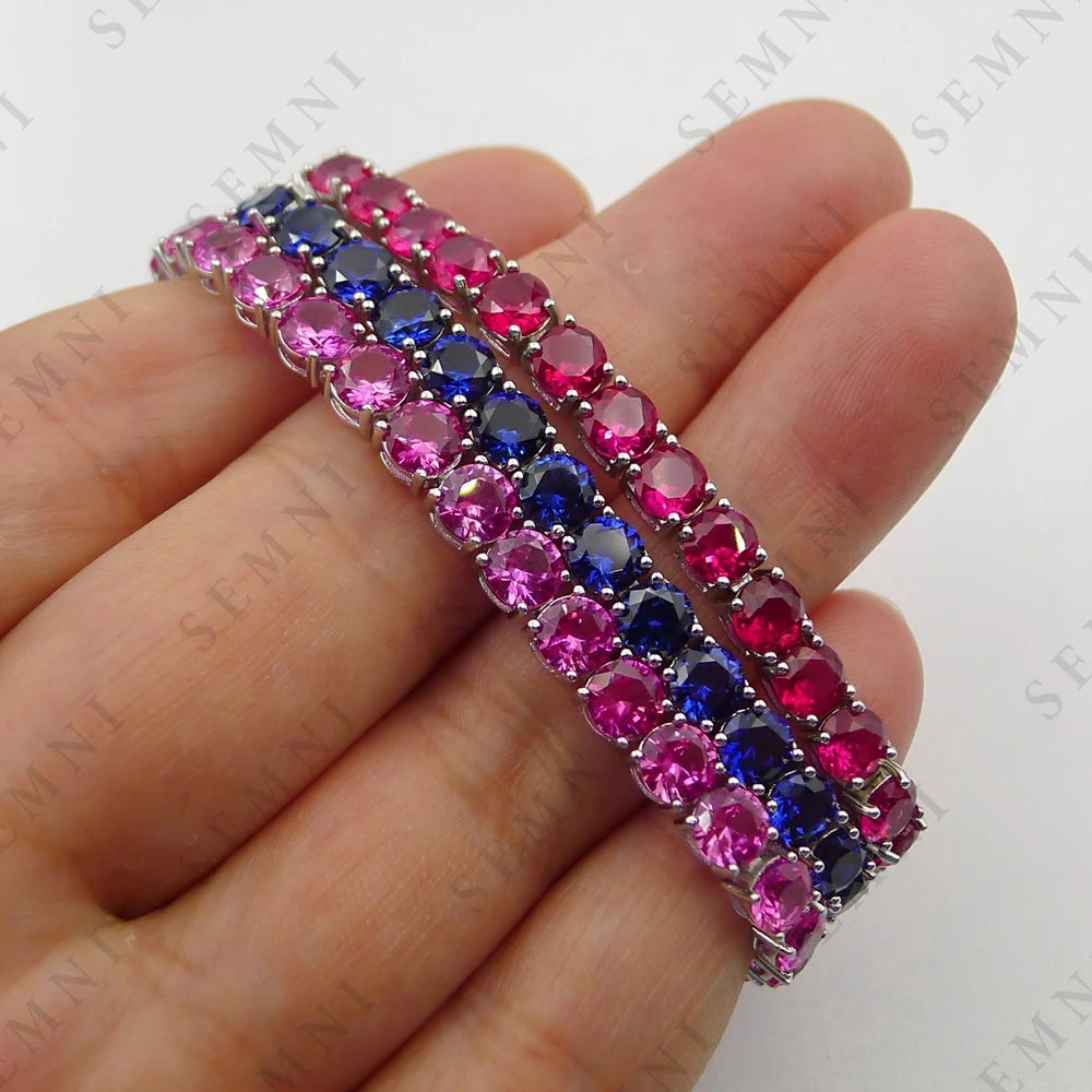 SEMNI 5mm Lab Sapphire Ruby Tennis Bracelet for Women 100% S925 Sterling Silver Fine Jewelry Birthday Party Gift Gold Color