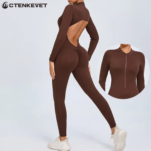 Ctenkevet New Half-Zipper Women Long-Sleeved Jumpsuit Female V Back Buttock Lift Gym Activewear Pants Sport Outfit For Woman