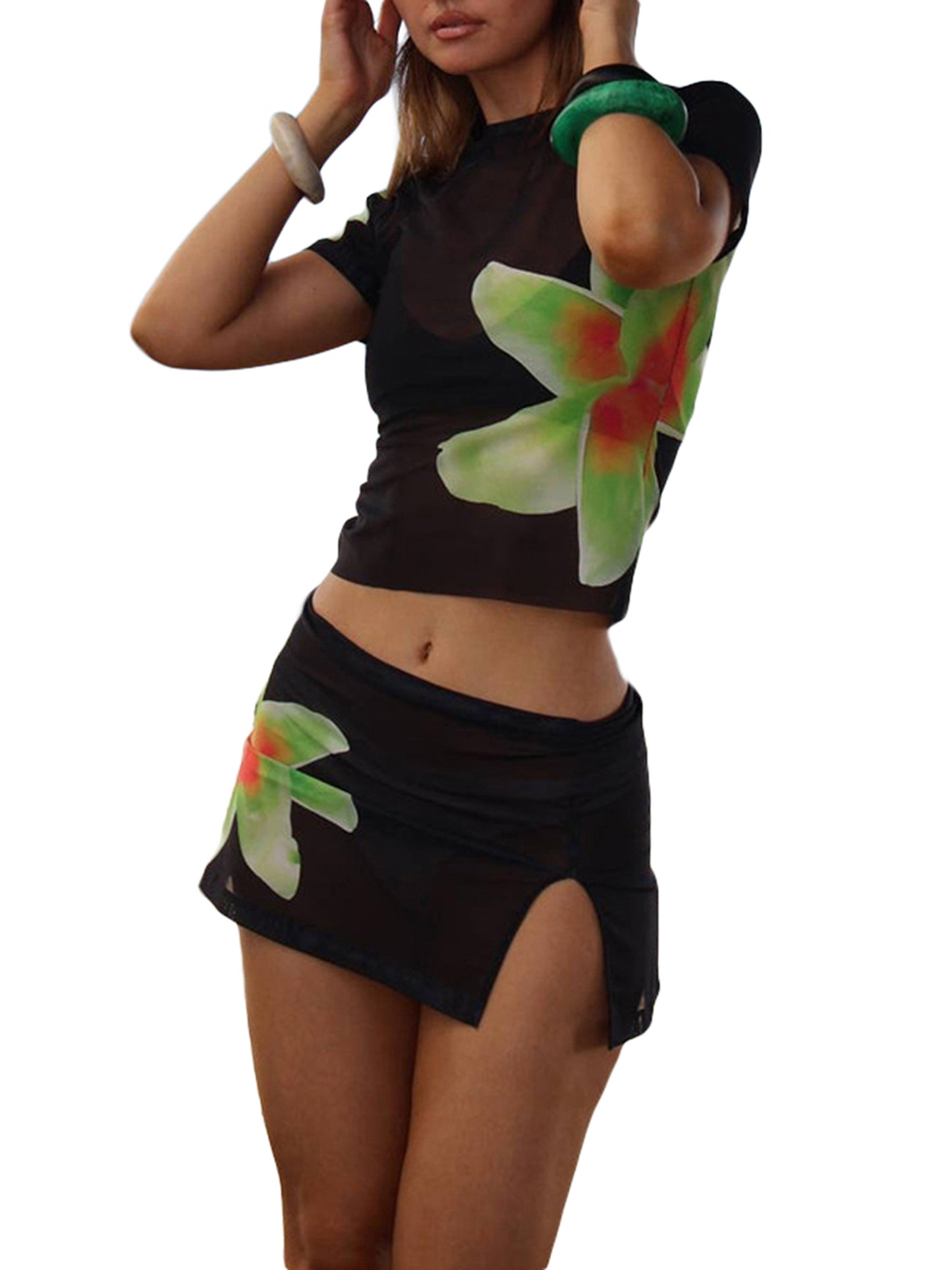 Damen Y2K 2-teiliges Traf-Sommer-Outfit-Set mit Blumendruck, durchsichtiges Netz, kurzärmeliges T-Shirt und Minirock, Streetwear