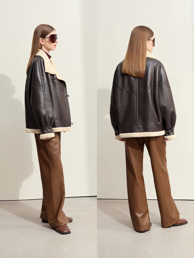 AMII Minimalist Simple Commuter Faux Leather Jacket for Women 2024 Winter Thick Warm Lapel PU Fur Female Chic Over Coat 12424007