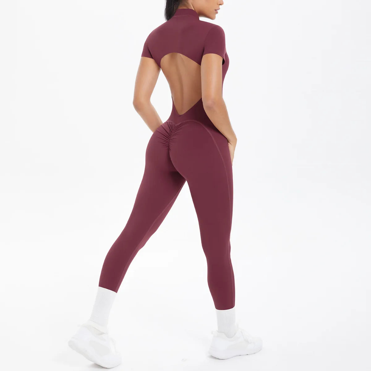 Women's Seamless Yoga Jumpsuit - Front Zip Open Back Breathable One-Piece Bodysuit for Gym Running Fitness Workout
