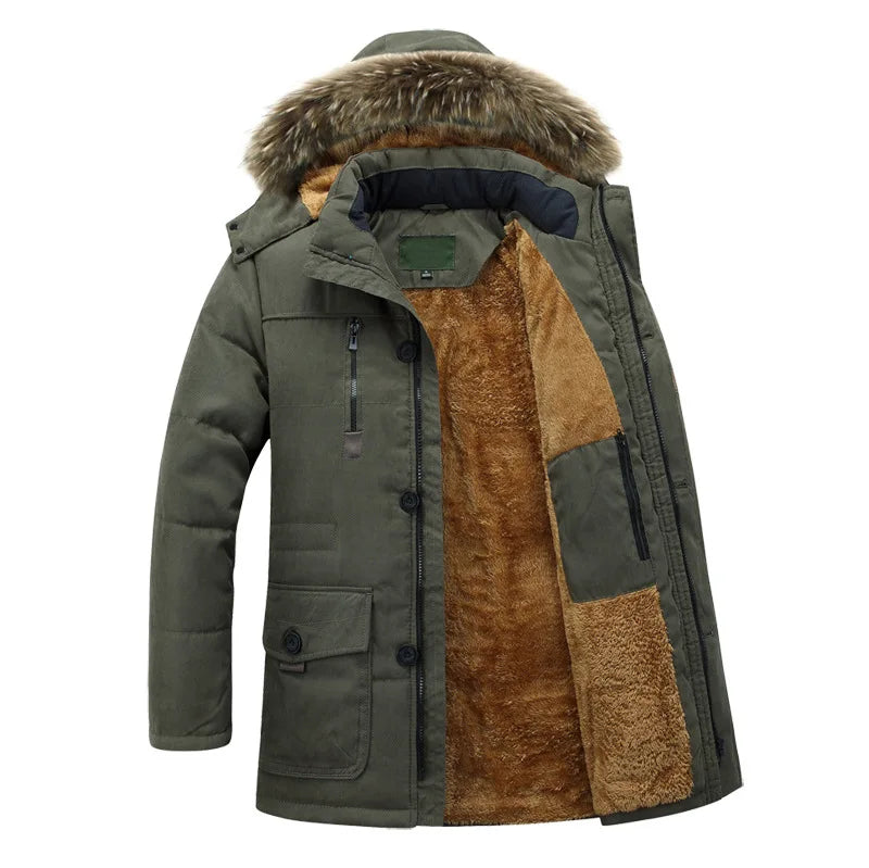 Man Winter Parkas Coat Vintage Thicken Fleece Cold-proof Zipper Male Hooded Jacket Long Sleeve Pocket Casual Men Outerwear
