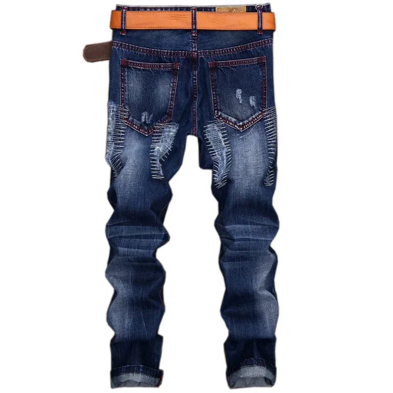 New Men's Ripped Vintage Jeans Straight Denim Trousers Male Distressed Personalized Motorcycle High Street Spliced Jeans Pants