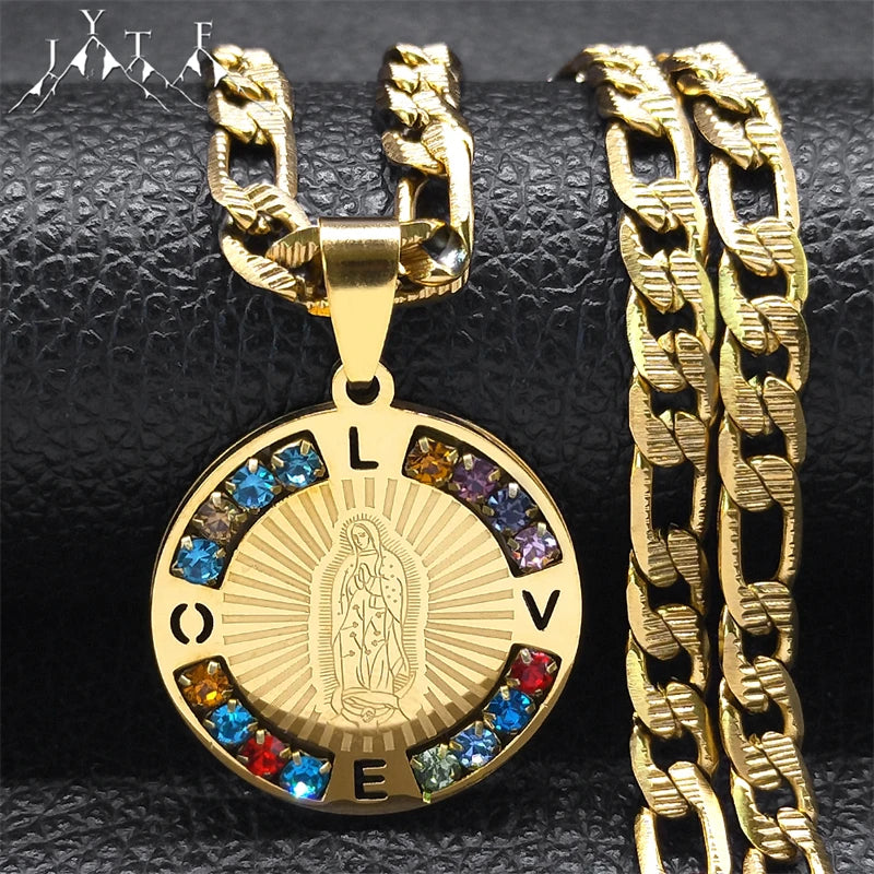 Virgin Mary Love Colorful Crystal Necklace Women Men Stainless Steel Gold Color Our Lady of Guadalupe Necklaces Jewelry N8389S05