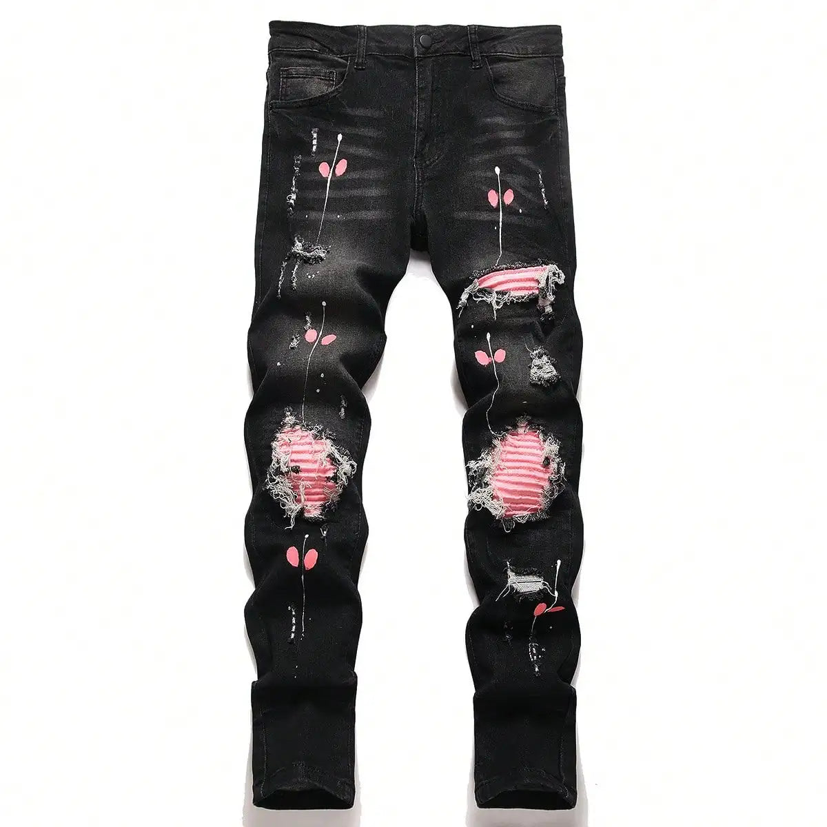 High Stretch Men's Ripped Denim Jeans for Man Skinny Hip-hop Pants Casual Slim Fit Trousers with Patchwork Embroidery Streetwear