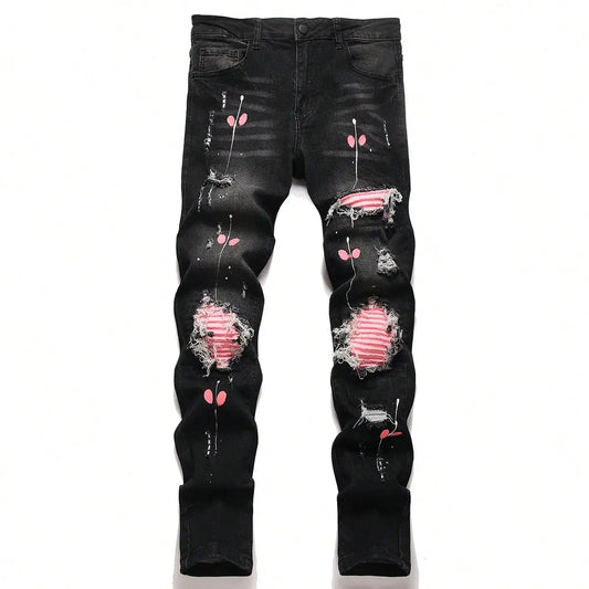 High Stretch Men's Ripped Denim Jeans for Man Skinny Hip-hop Pants Casual Slim Fit Trousers with Patchwork Embroidery Streetwear