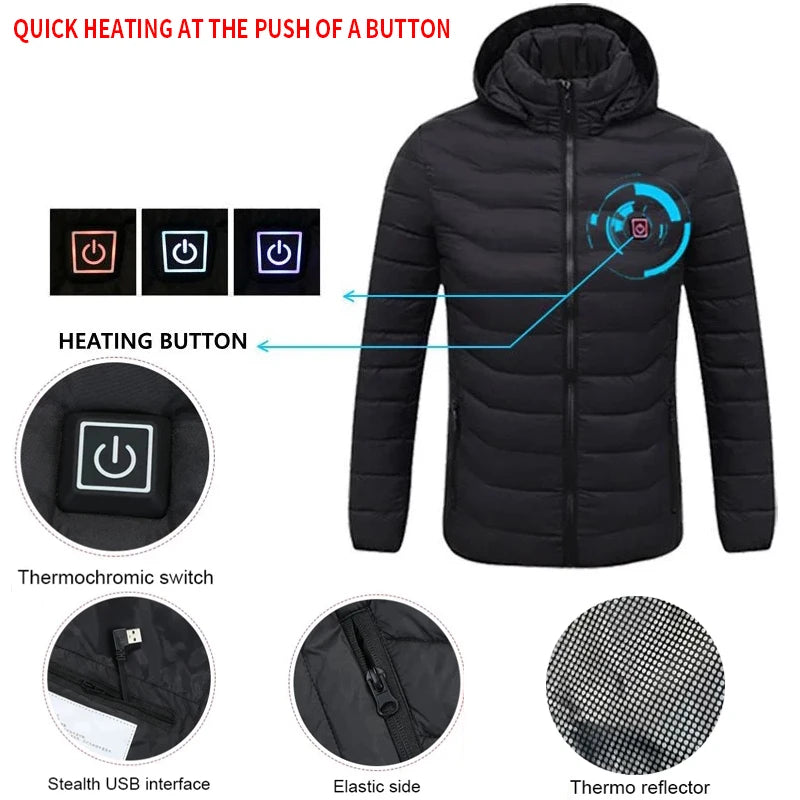 Beheizte Jacke, USB Intelligent Dual Control Switch 9-21 Zone Beheizte Jacke, Herren Damen Warme Baumwolljacke mit Abnehmbarer Kapuze