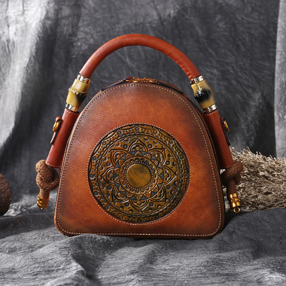 Luxury Handmade Embossed Women Crossbody Bag New Retro Genuine Leather Shell Bag Ladies Chinese Style Shoulder Bags