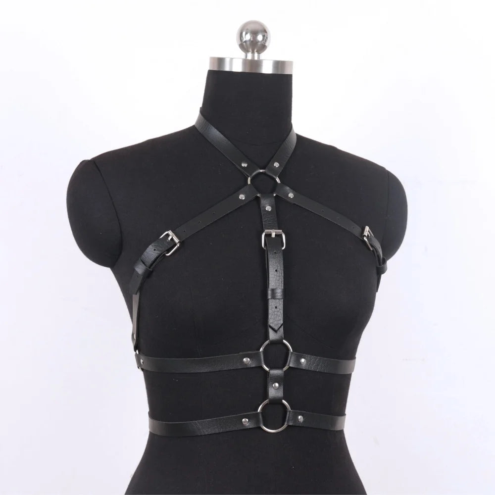 Gothic Dark Faux Leather Halter Body Harness, Adjustable Hollow Out Chest Strap for Halloween Vampire Witch Cosplay, Y2K Hot Gir