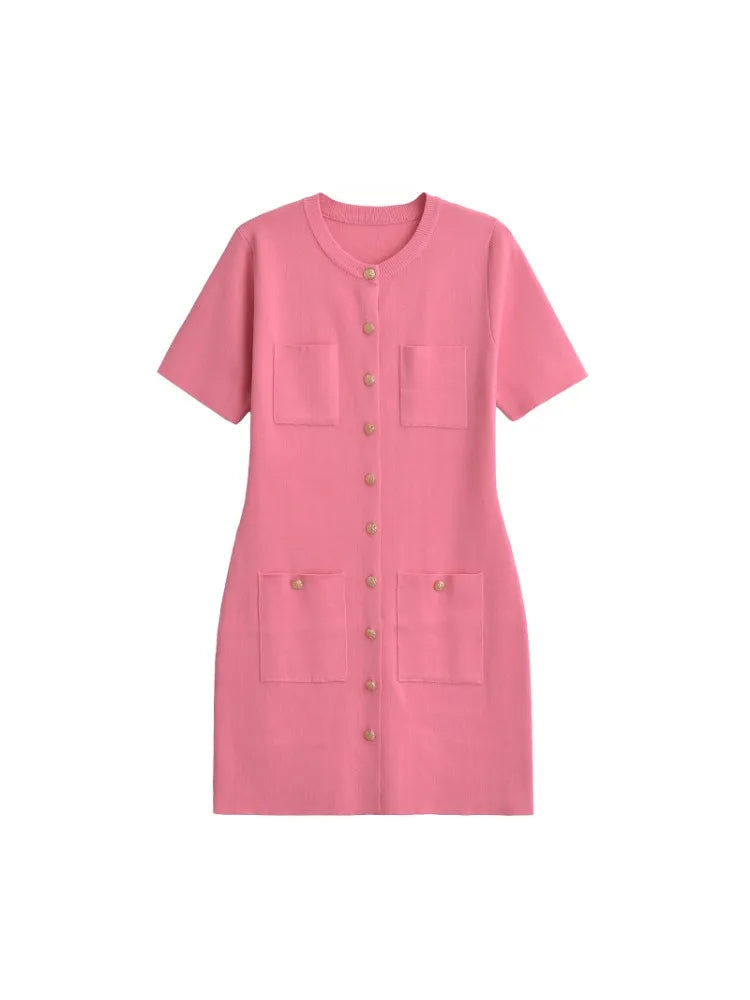 Women O-neck Short Sleeve Bodycon A-line Dresses Knitted Pocket Single Breasted Mini Dress New Chic Office Lady Vestidos