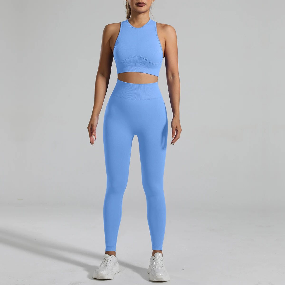 Seamless Ribbed High Waisted Yoga Set for Women, Tummy Control Criss Cross Back Workout Outfit, Quick Dry Fitness Set for Gym