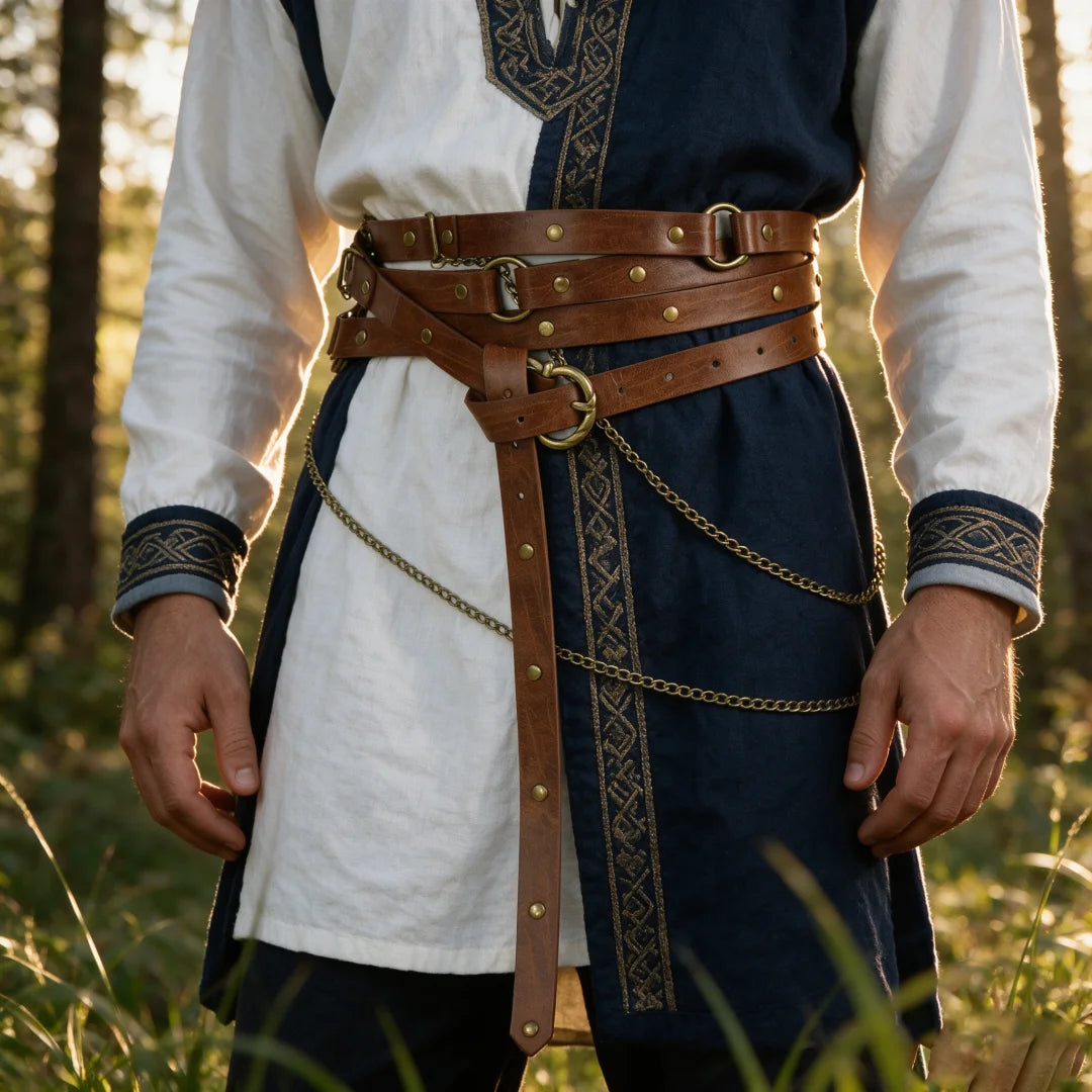 Retro Viking Style Belt Adjustable Medieval PU Leather Belt with Metal Chain Punk Steampunk Cosplay Accessories