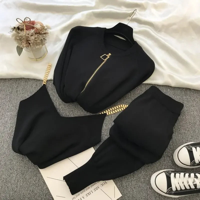 Womens Knit 3 Piece Sets V Neck Spaghetti Tops + Loose Cardigan Coats Suit + Knitwear Jogger Pants Fall Winter Casual Conjuntos