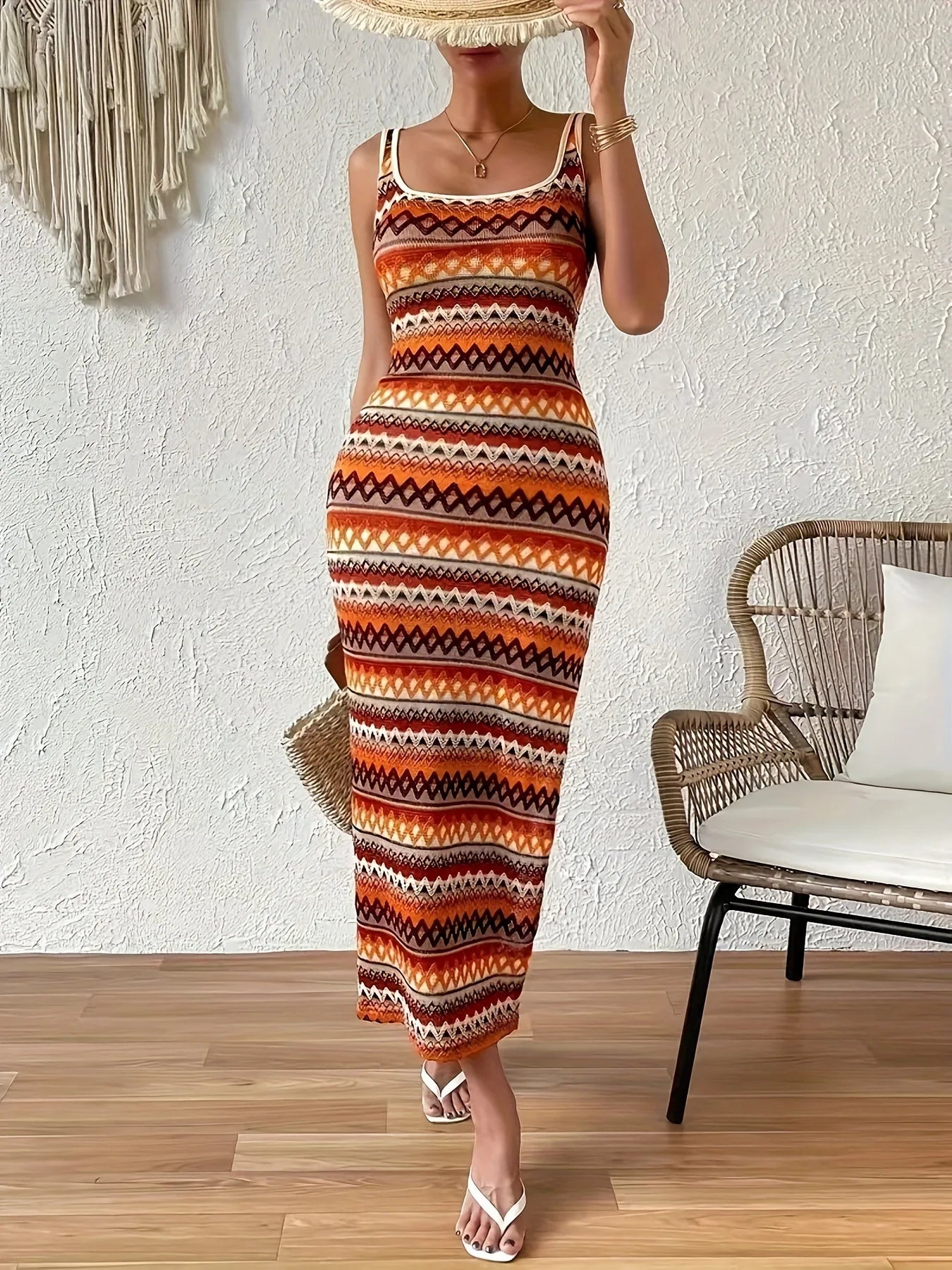 Women's Geometric Pattern Tassel Dress, Sleeveless & Slim Fit, Elegant & Fashionable Boho Style for Spring & Summer Beach Wear
