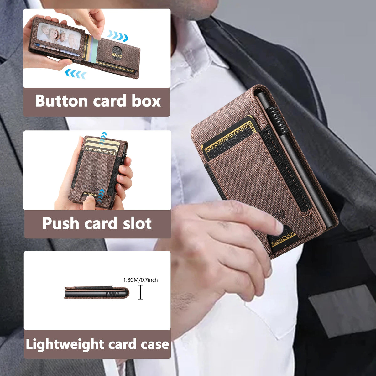 SUTENI Faux Leather Card Slot Wallet Flip Cover Unisex Card Box Pressing The Button Automatically Ejects The Card