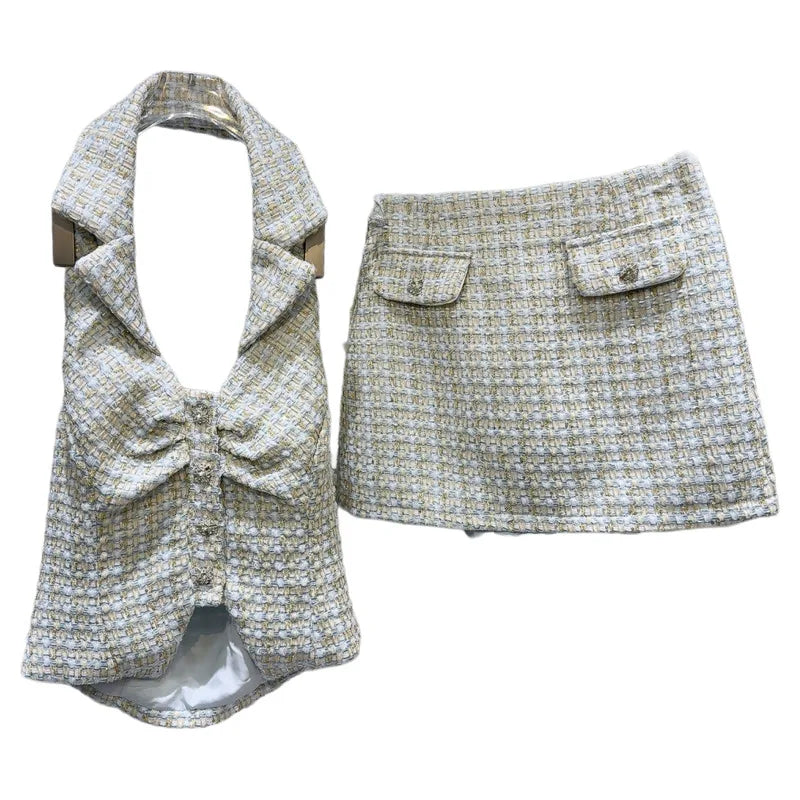 DEAT 2025 Summer New Fashion Two-pieces Set For Women Diamond Buckle Hanging Neck Vest Woven Tweed Short Skirt Female 11A04590