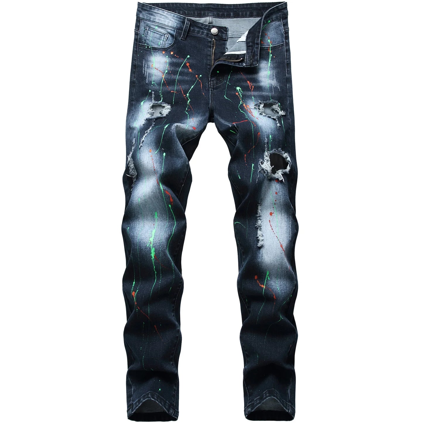 High Quality Men Casual Black Jeans Paint Slim Straight Hole Biker Jeans Autumn Jean Homme Male Denim Pants Plus Size