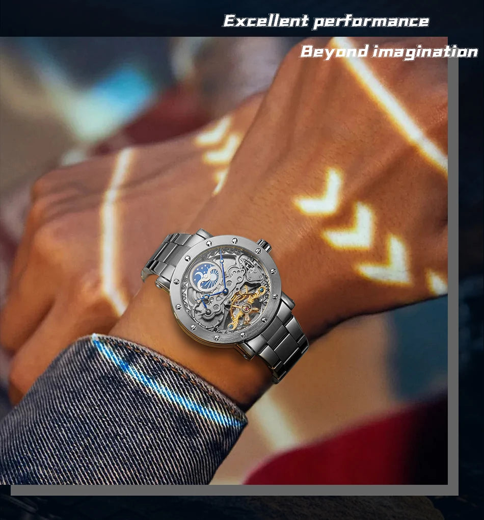 Luxury Brand GMT Time Zone Moon Phase Automatic Movement Man Watch Stainless Steel Skeleton Mechanical Waterproof Male Clockwork