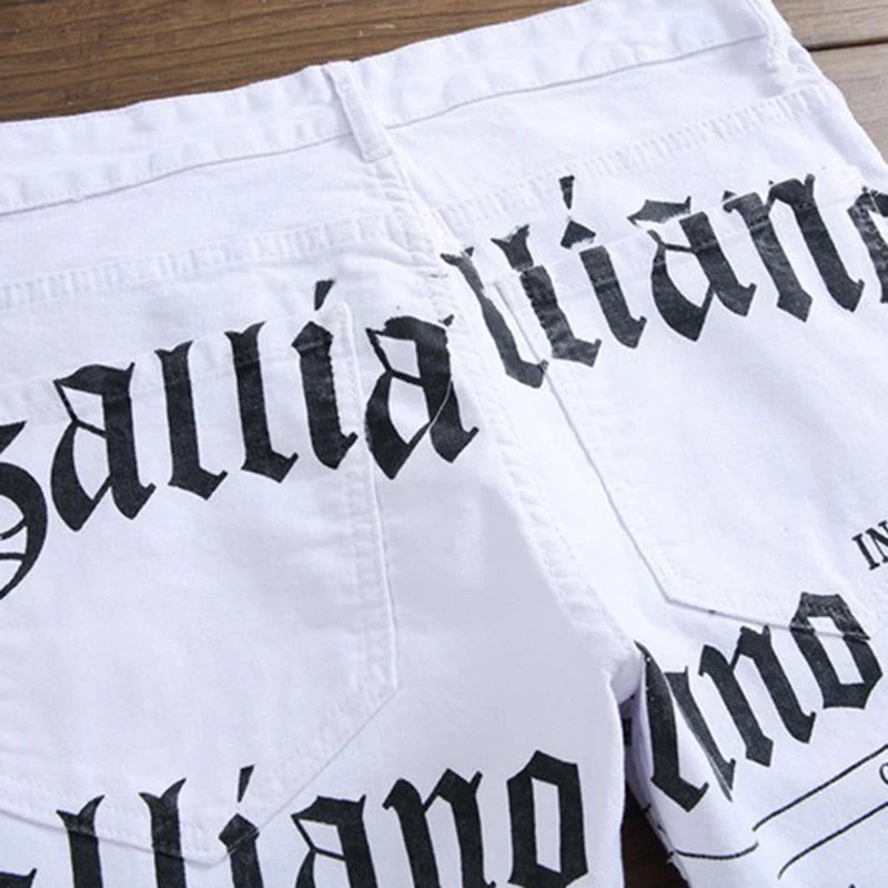 Loch Casual Gerade Mode Weiß Neue Stil Denim Jeans Lange weiße Hose herren Jeans Denim Weiß Zeitung Druck