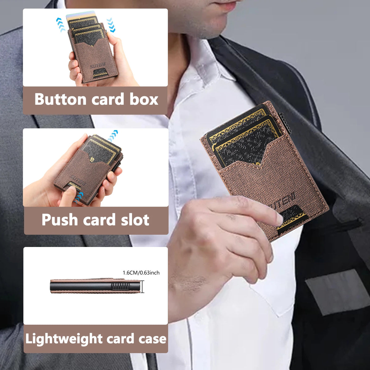 SUTENI Faux Leather Card Slot Wallet Flip Cover Unisex Card Box Pressing The Button Automatically Ejects The Card