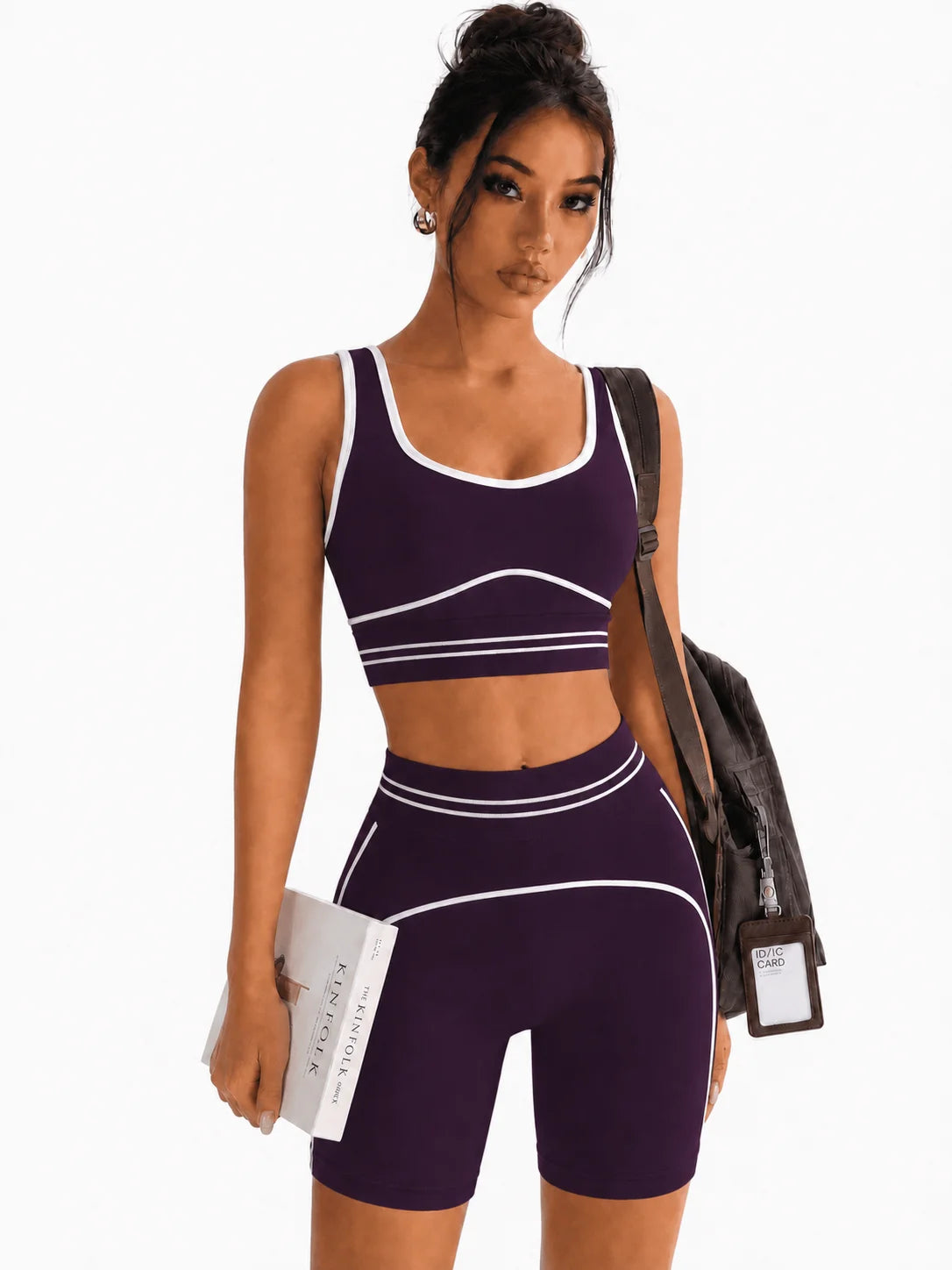 Women Contrast Trim 2 Piece Yoga Set U Neck Sports Bra Crop Top High Waist Biker Shorts Outfit Seamless Gym Workout Running Fitn
