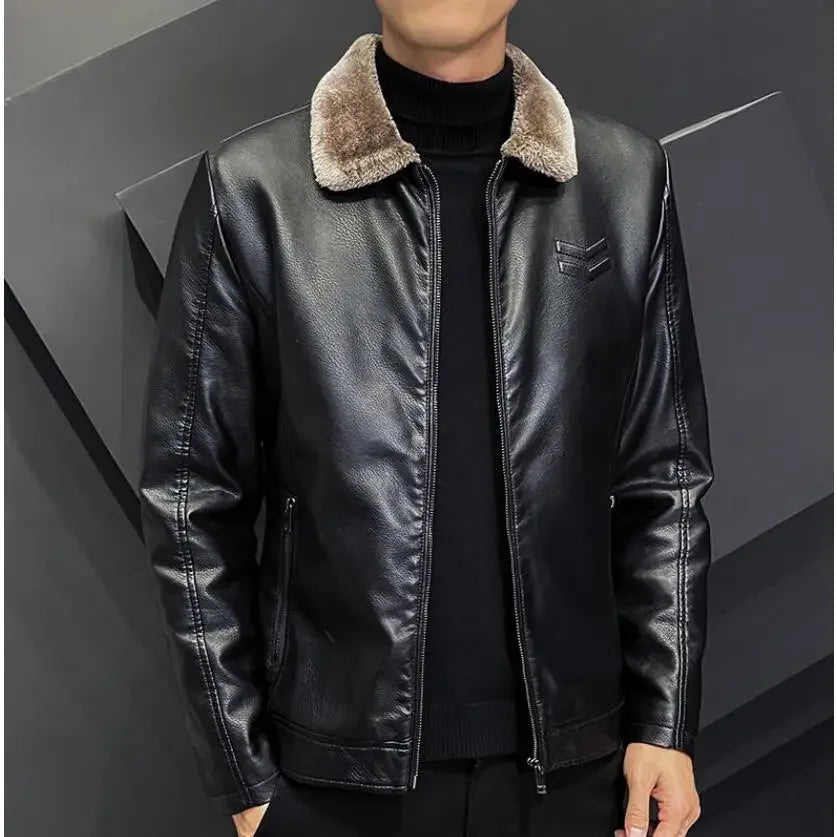 Winter Fashion Warmth Thickened Leather Jacket Lapel Solid Zipper Design Plus Size 4XL-M WorkCoat Men's Leather Jacket