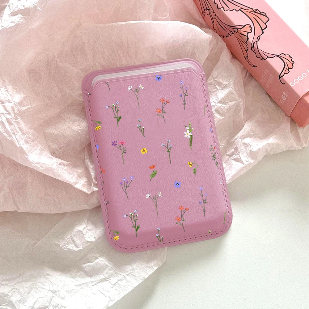 Leather Card Wallet Cover Magnetic Phone Card HolderPhone Back Bag Cute Flowers Case Suitable For all iPhone For Magsafe Card