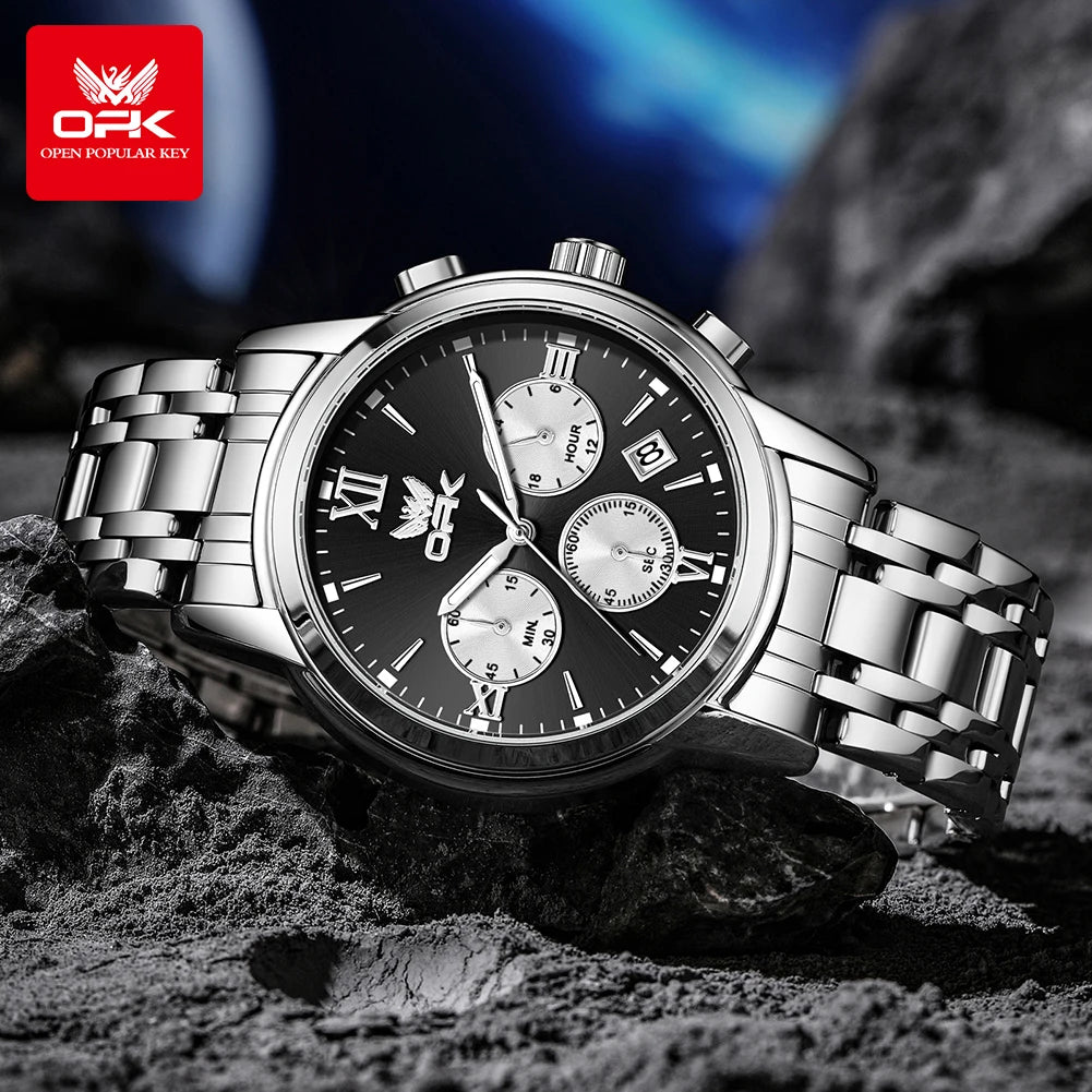 OPK Trendy classic three eye dial men's quartz watch waterproof genuine luminous men's watch for man chronograph date wristwatch