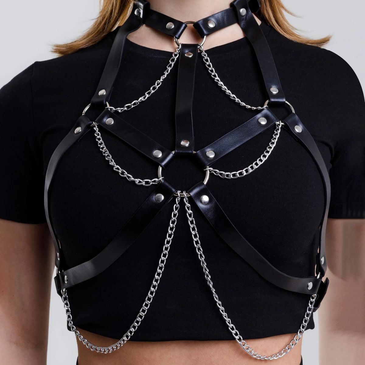 Women Fashion Goth Chest PU Leather Harness with Chains Black Chest Harness with Chains Punk Accessories for Party