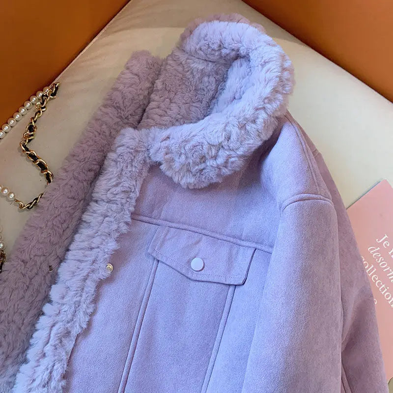 Purple Fur Integrated Lamb Fur Coat Women's Unique Autumn Winter Female Warmth Casual Jackets