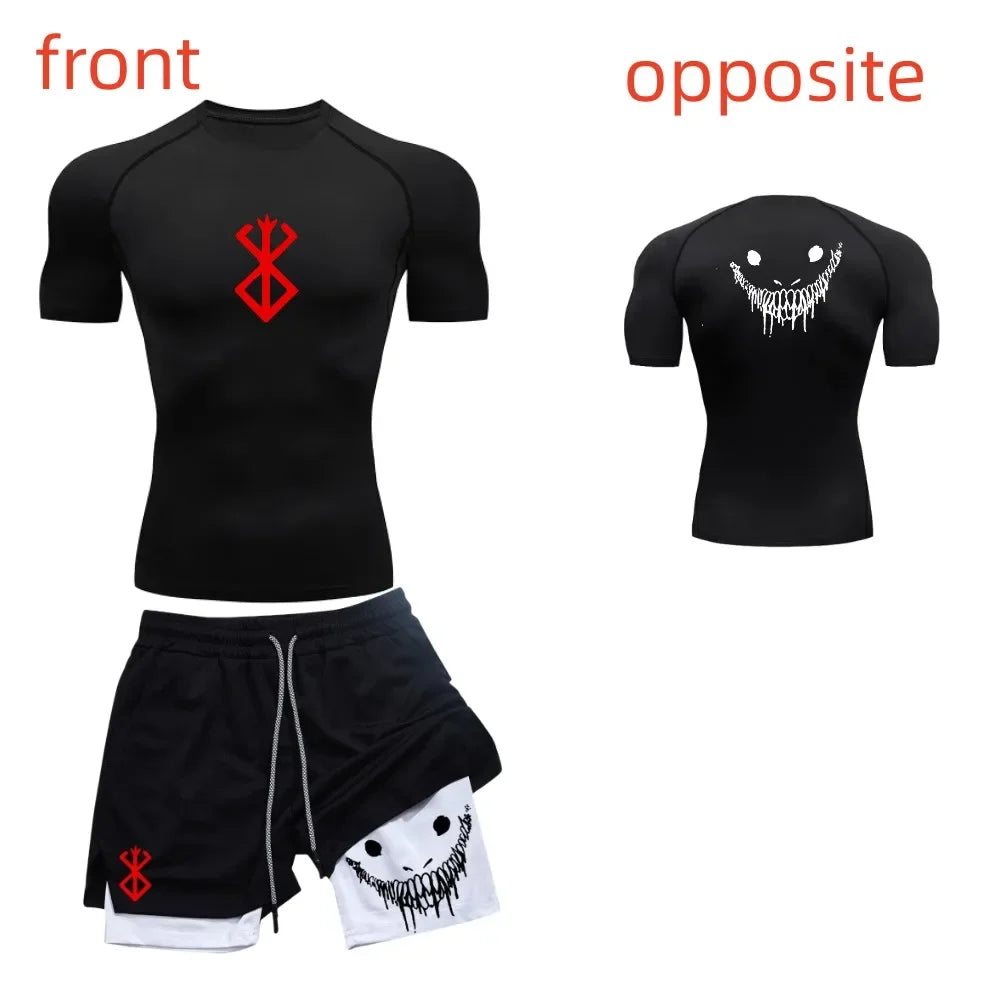 Men's fashionable casual fitness set, gym quick drying sportswear, shorts+shirt, 2-piece set, running, training, summer