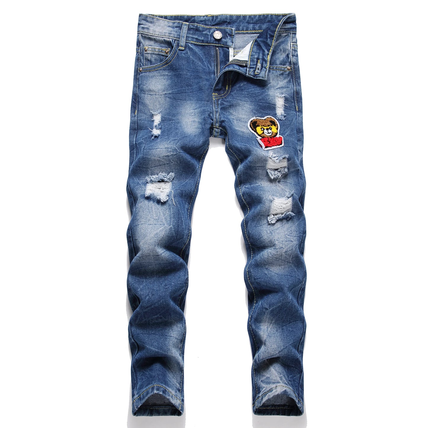 Boys' Cartoon Straight-leg Ripped Jeans Children Washed Non-stretch Denim Trousers Big Kids Casual Pants