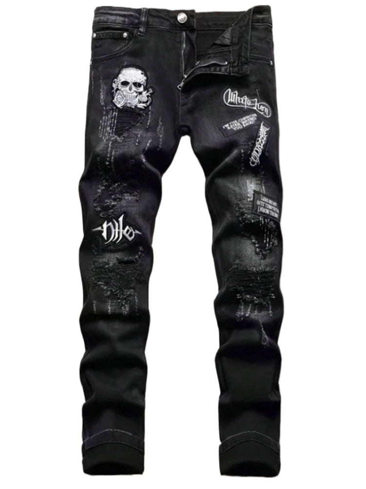 Men's Black Distressed Jeans Skull Patch & Embroidery Letter Print Slim Fit Stretch Denim Pants Street Fashion Biker Trousers