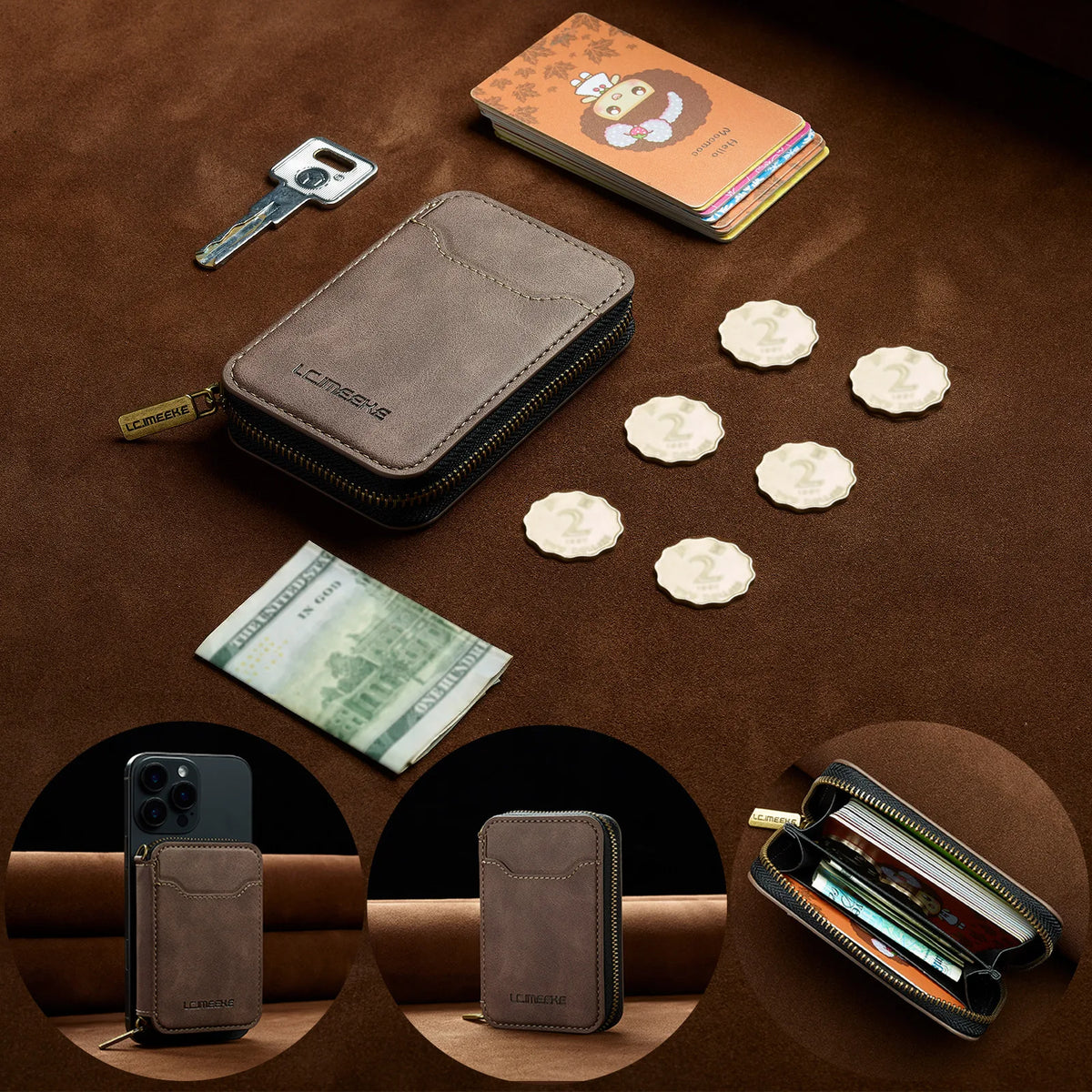 Magnetic Attraction Zipper Leather Card Slot Wallet for iPhone 17 Samsung Galaxy Google Xiaomi Phone MagSafe Magnetic Phone Bag