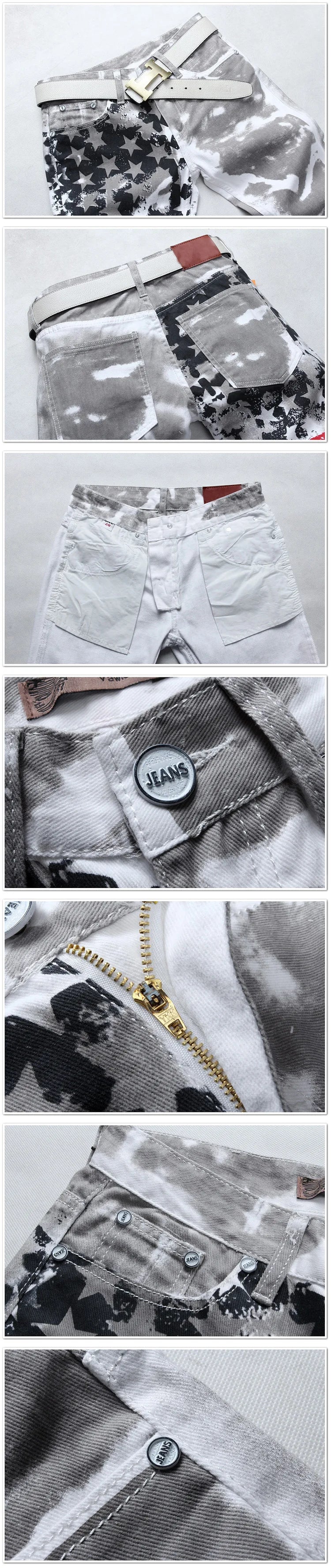 High Street Straight-Jeans für Herren, Jeans mit weißem Flaggen-Print, Stretch, schmale, lässige Hose mit fünfzackigem Stern, Hip-Hop-Hose in großen Größen