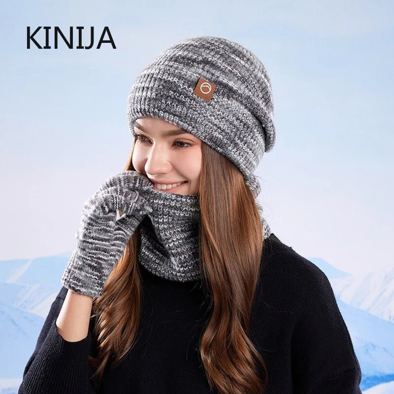 Women's Knitted Hat Beanie Cap Winter Coldproof Hat Scarf Gloves Sets Outdoor Warm Windproof Hat Fit Skiing Cycling Sets