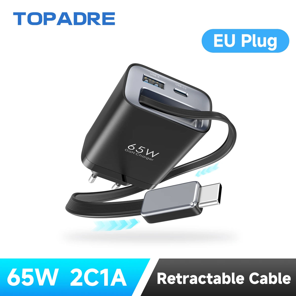 65W GaN PD3.1 Fast Charger With Retractable Cable , 3-Port Type-C + USB-A Travel Adapter For IPhone ,  Laptops, Galaxy Series