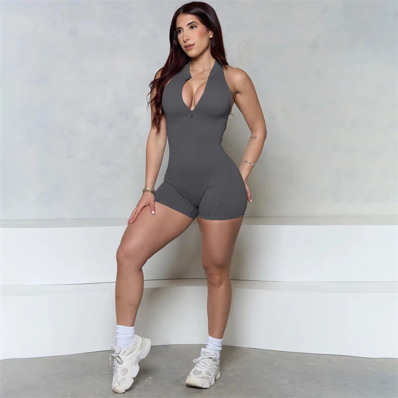 Women Bum Sleeveless ZIPPER Scrunch Butt Romper Women Sporty Jumpsuit Lycra Short Fitness Gym Overall New Workout Clothes