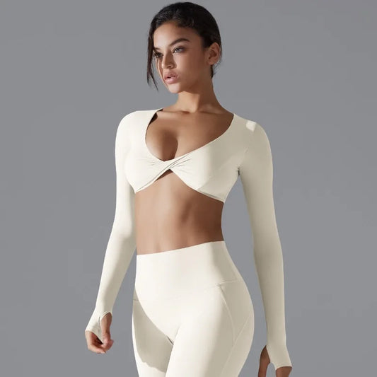 Sports Long Sleeved Fitness Suit Women's Deep V-neck Slim Fit Breathable Ins Style Exposed Navel Outdoor Yoga Suit Short Top