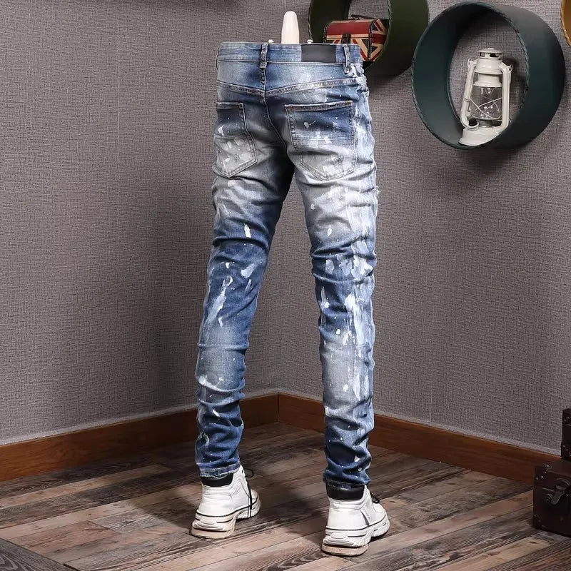 Retro Style Men's Slim Fit Jeans Distressed Hole Design Elastic Casual Long Pants Youth Trendy Street Style Straight Leg Jeans