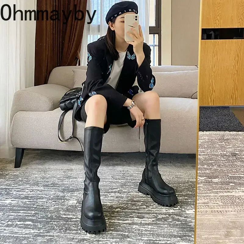 2025 Winter Chunky Platform Heels Long Boots Round Toe Zipper Thick Sole Ladies Fashion Winter Women's Knee High Boots