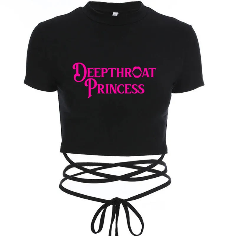 Deepthroat Princess Women Crop Top Black Short Bandage Tee Tops Girls Sexy TShirt Harajuku High Elasticity Tight Short Sleeves