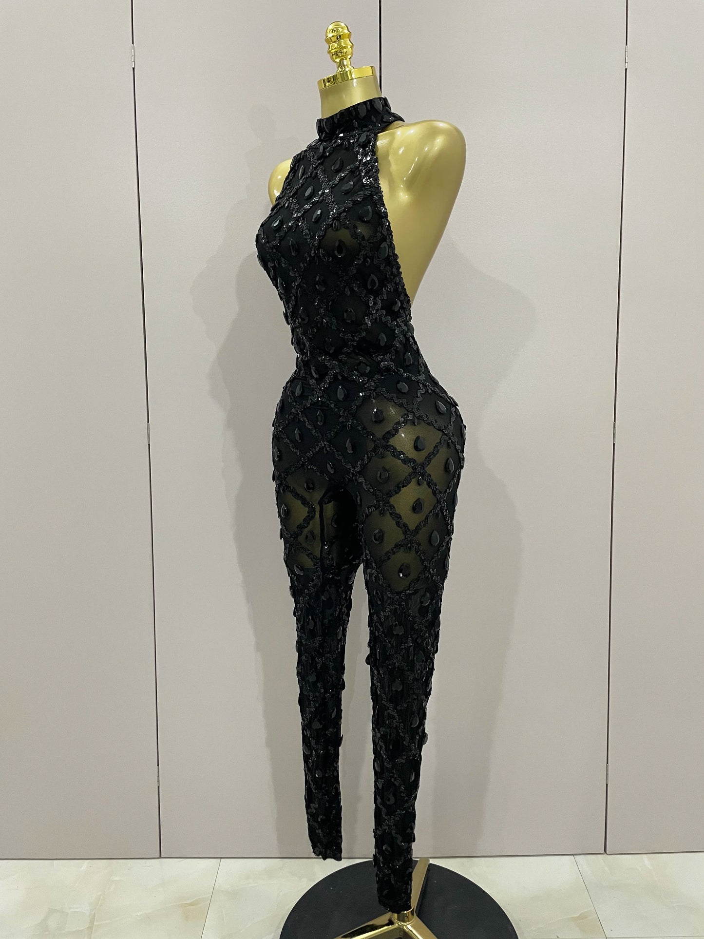 Luxury Sparkly Black Diamond Mesh See THhrough Jumpsuit Women Celebrate Birthday Sexy Dancer Nightclub Performance Stage Costume