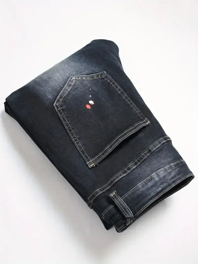 Men Y2K Stretchy Denim Jeans Ripped Skinny Letter Print Elastic Waist Casual Pants for Men Hole Slim Fit Denim Hip Hop Trousers