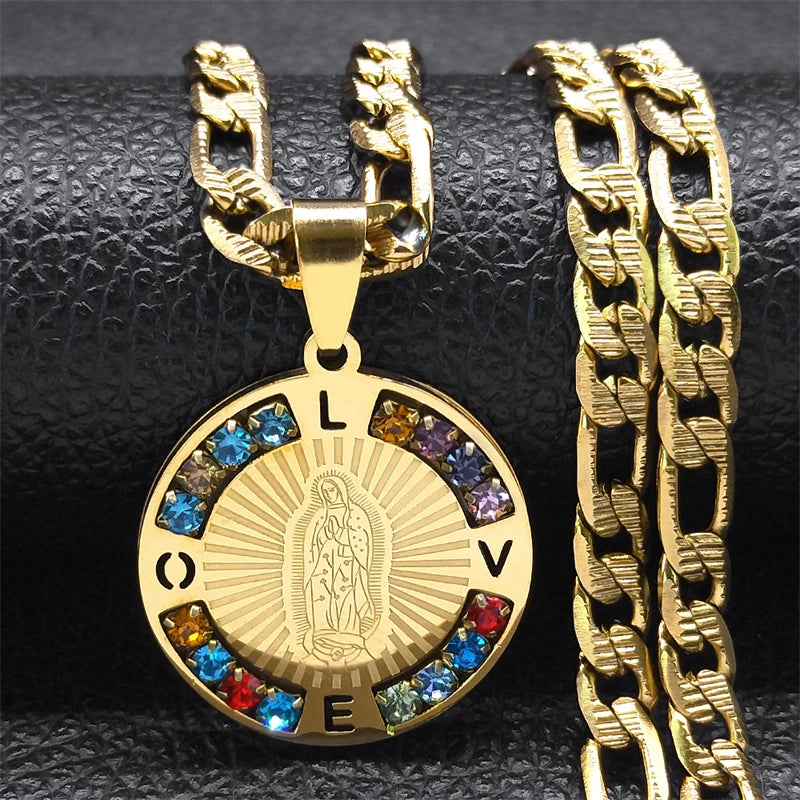 Virgin Mary Love Colorful Crystal Necklace Women Men Stainless Steel Gold Color Our Lady of Guadalupe Necklaces Jewelry N8389S05