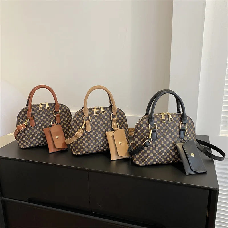 Luxury Shell Fashion Women's Handbag Simple Shoulder Bag Plaid Print Crossbody Bag with Mini Purse