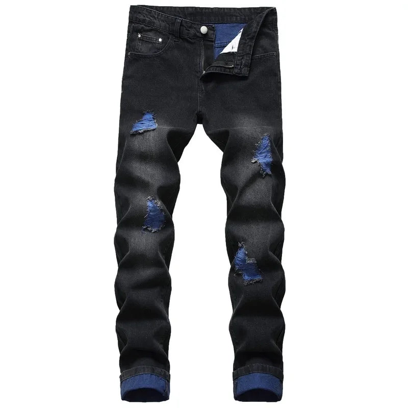 High Quality Men Casual Black Jeans Paint Slim Straight Hole Biker Jeans Autumn Jean Homme Male Denim Pants Plus Size