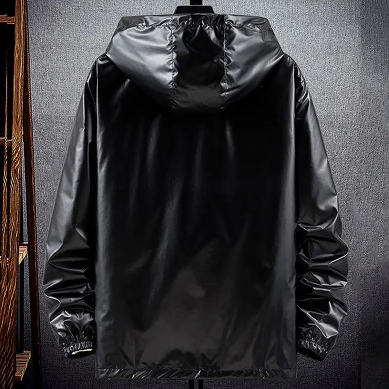 Men Shiny Jacket Shiny Silver Bright Hooded Zipper Bomber Jacket Autumn Thin Harajuku Windbreaker Waterproof Coats