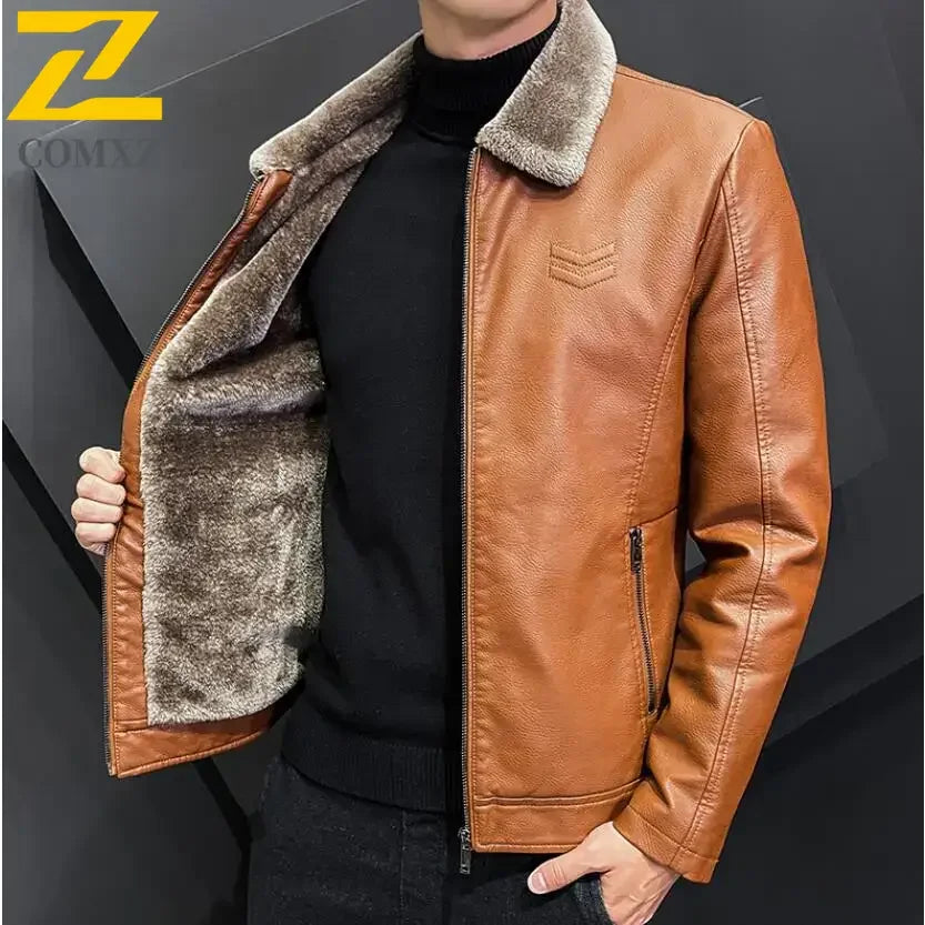 Winter Fashion Warmth Thickened Leather Jacket Lapel Solid Zipper Design Plus Size 4XL-M WorkCoat Men's Leather Jacket